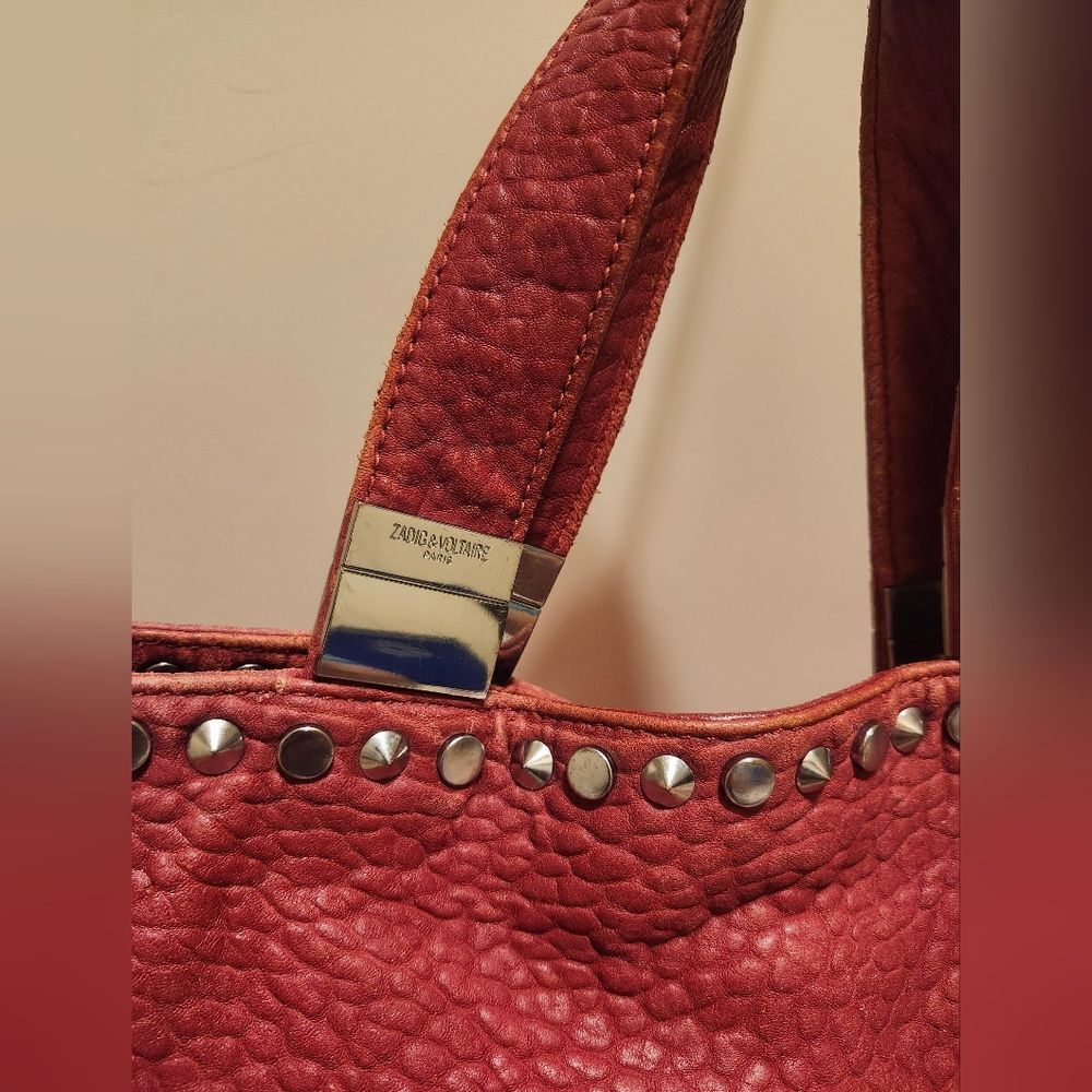 Zadig & Voltaire Red Pebbled Leather Silver Rock Stud Trim Handbag/Tote Ret.$695 - Picture 6 of 15